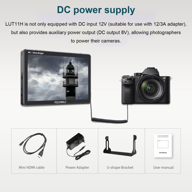 FEELWORLD LUT11H 10.1 Inch Ultra Bright 2000nit DSLR Camera Field Monitor Touch Screen 4K HDMI F970 External Power and Install Kit (AU Plug) - On-camera Monitors by FEELWORLD | Online Shopping UK | buy2fix