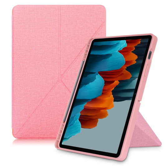 For Samsung Galaxy Tab S8 / Galaxy Tab S7 T870 Cloth Texture Multi-folding Horizontal Flip PU Leather Shockproof Case with Holder & Sleep / Wake-up Function(Pink) - Galaxy Tab S8 Cases by buy2fix | Online Shopping UK | buy2fix