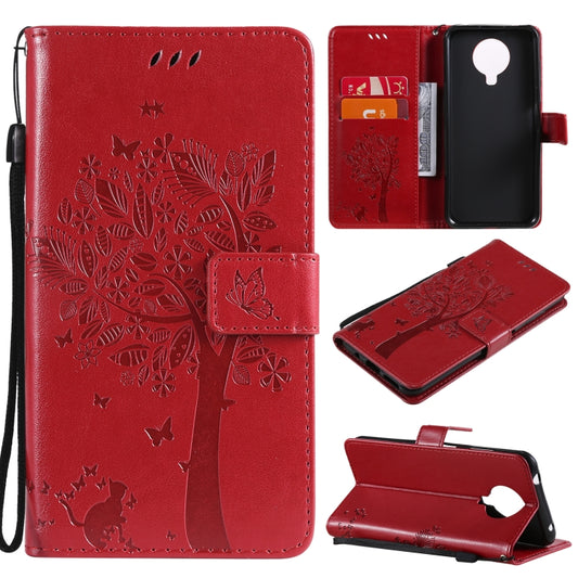 For Nokia G10 Tree & Cat Pattern Pressed Printing Horizontal Flip PU Leather Case with Holder & Card Slots & Wallet & Lanyard(Red) - Nokia Cases by buy2fix | Online Shopping UK | buy2fix