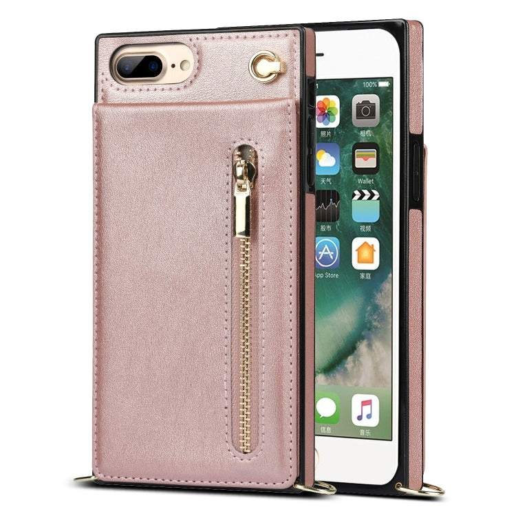 Cross-body Zipper Square TPU+PU Back Cover Case with Holder & Card Slots & Wallet & Strap For iPhone 8 Plus / 7 Plus(Rose Gold) - More iPhone Cases by buy2fix | Online Shopping UK | buy2fix