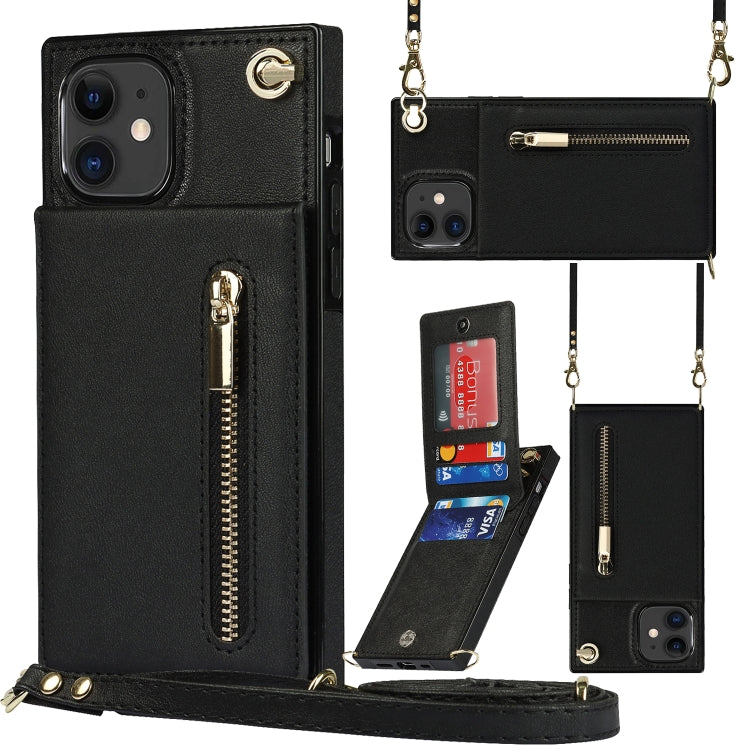 For iPhone 11 Cross-body Zipper Square TPU+PU Back Cover Case with Holder & Card Slots & Wallet & Strap (Black) - iPhone 11 Cases by buy2fix | Online Shopping UK | buy2fix