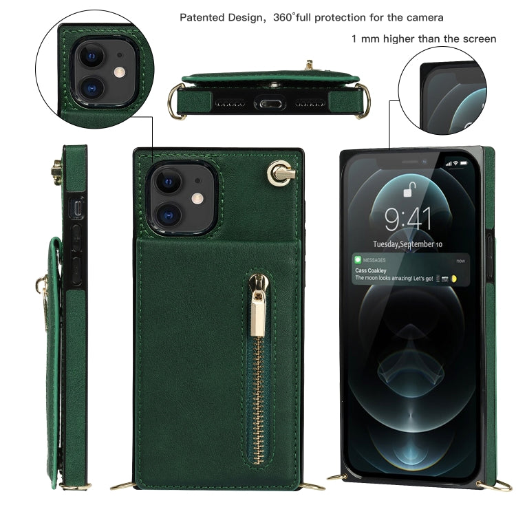 For iPhone 11 Cross-body Zipper Square TPU+PU Back Cover Case with Holder & Card Slots & Wallet & Strap (Green) - iPhone 11 Cases by buy2fix | Online Shopping UK | buy2fix