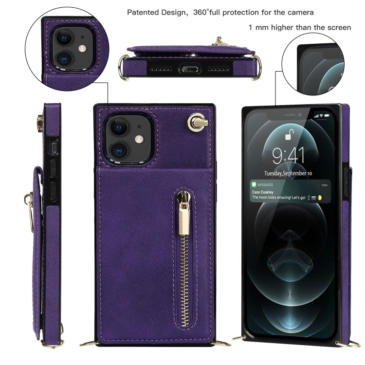 For iPhone 11 Cross-body Zipper Square TPU+PU Back Cover Case with Holder & Card Slots & Wallet & Strap (Purple) - iPhone 11 Cases by buy2fix | Online Shopping UK | buy2fix