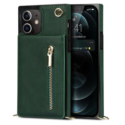 For iPhone 12 / 12 Pro Cross-body Zipper Square TPU+PU Back Cover Case with Holder & Card Slots & Wallet & Strap(Green) - iPhone 12 / 12 Pro Cases by buy2fix | Online Shopping UK | buy2fix