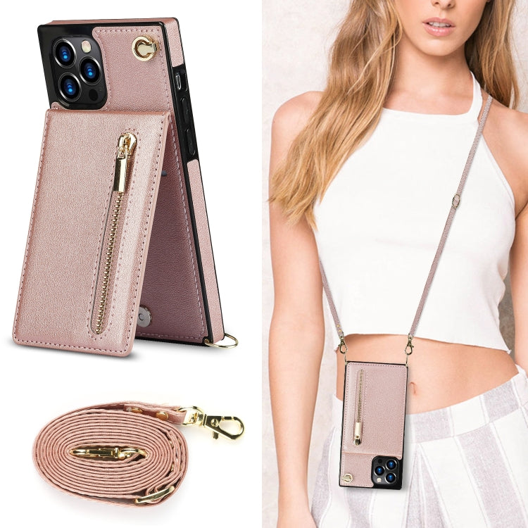 For iPhone 12 Pro Max Cross-body Zipper Square TPU+PU Back Cover Case with Holder & Card Slots & Wallet & Strap(Rose Gold) - iPhone 12 Pro Max Cases by buy2fix | Online Shopping UK | buy2fix