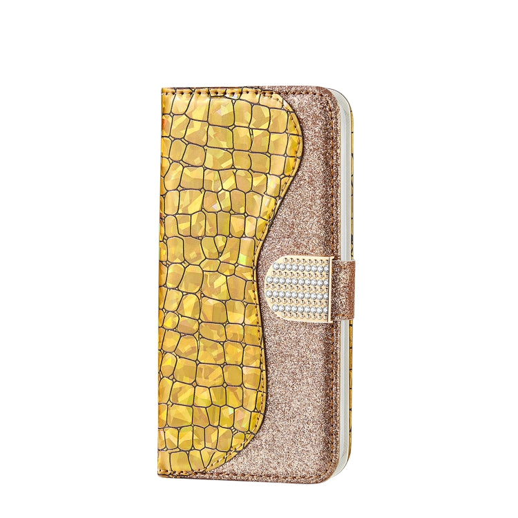 For iPhone 13 Laser Glitter Powder Matching Crocodile Texture Horizontal Flip Leather Case with Card Slots & Holder & Wallet(Gold) - iPhone 13 Cases by buy2fix | Online Shopping UK | buy2fix