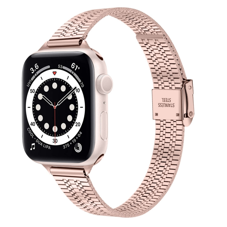 14mm Seven-beads Double Safety Buckle Slim Steel Watch Band For Apple Watch Series 9&8&7 41mm / SE 3&SE 2&6&SE&5&4 40mm / 3&2&1 38mm(Pink Gold) - Watch Bands by buy2fix | Online Shopping UK | buy2fix