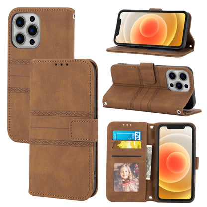 For iPhone 13 Pro Embossed Striped Magnetic Buckle PU + TPU Horizontal Flip Leather Case with Holder & Card Slot & Wallet & Photo Frame & Sling (Brown) - iPhone 13 Pro Cases by buy2fix | Online Shopping UK | buy2fix