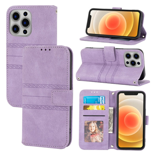 For iPhone 13 Pro Embossed Striped Magnetic Buckle PU + TPU Horizontal Flip Leather Case with Holder & Card Slot & Wallet & Photo Frame & Sling (Purple) - iPhone 13 Pro Cases by buy2fix | Online Shopping UK | buy2fix