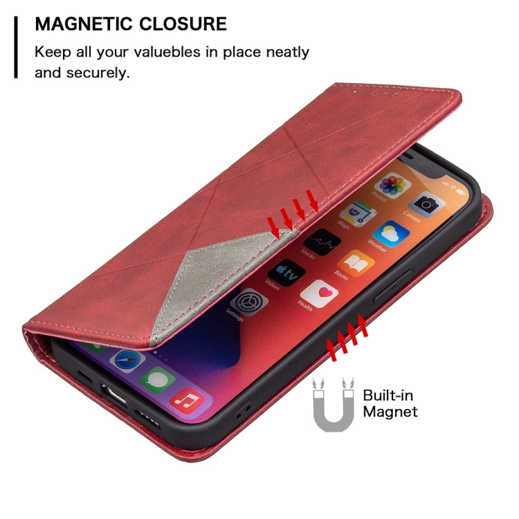 For iPhone 13 Pro Rhombus Texture Horizontal Flip Magnetic Leather Case with Holder & Card Slots (Red) - iPhone 13 Pro Cases by buy2fix | Online Shopping UK | buy2fix