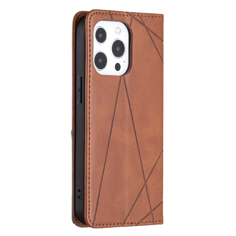 For iPhone 13 Pro Rhombus Texture Horizontal Flip Magnetic Leather Case with Holder & Card Slots (Brown) - iPhone 13 Pro Cases by buy2fix | Online Shopping UK | buy2fix