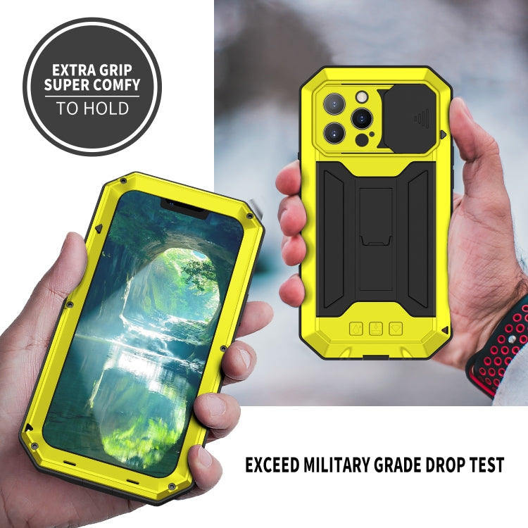 For iPhone 13 Pro Max R-JUST Sliding Camera Shockproof Life Waterproof Dust-proof Metal + Silicone Protective Case with Holder (Yellow) - iPhone 13 Pro Max Cases by R-JUST | Online Shopping UK | buy2fix