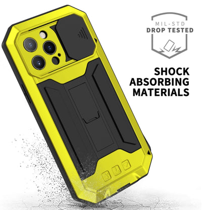 For iPhone 13 Pro Max R-JUST Sliding Camera Shockproof Life Waterproof Dust-proof Metal + Silicone Protective Case with Holder (Yellow) - iPhone 13 Pro Max Cases by R-JUST | Online Shopping UK | buy2fix