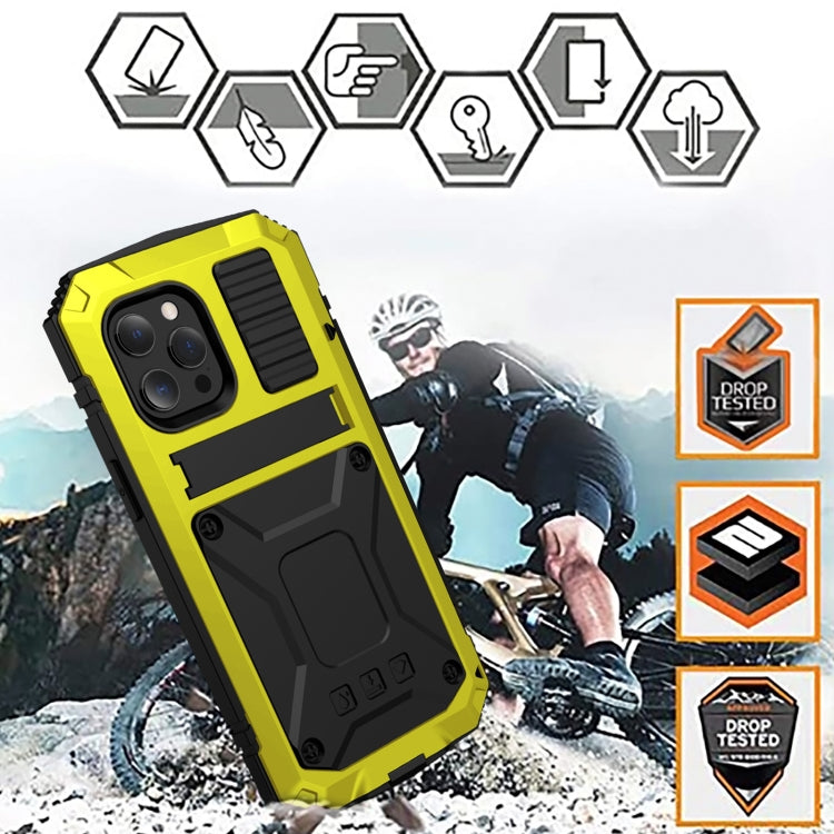 For iPhone 13 R-JUST Shockproof Waterproof Dust-proof Metal + Silicone Protective Case with Holder(Yellow) - iPhone 13 Cases by R-JUST | Online Shopping UK | buy2fix