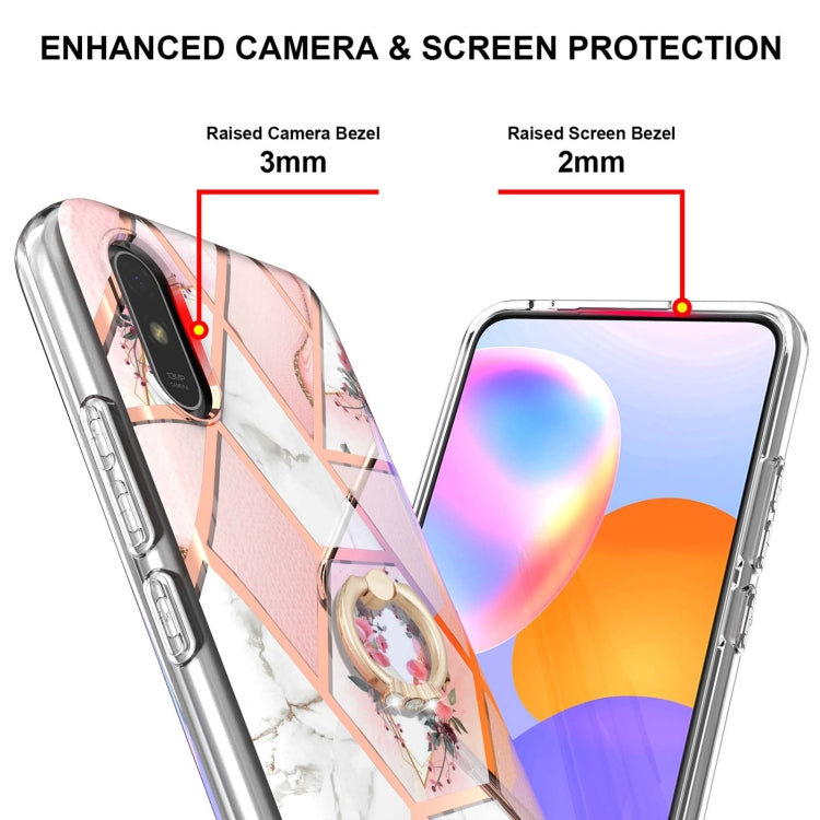 For Xiaomi Redmi 9A Electroplating Splicing Marble Flower Pattern TPU Shockproof Case with Rhinestone Ring Holder(Pink Flower) - Xiaomi Cases by buy2fix | Online Shopping UK | buy2fix