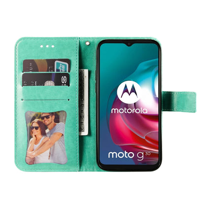 7-petal Flowers Embossing Pattern Horizontal Flip PU Leather Case with Holder & Card Slots & Wallet & Photo Frame For Motorola Moto G30 / G10 / G10 Power / G20(Green) - Motorola Cases by buy2fix | Online Shopping UK | buy2fix