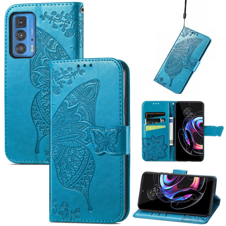 Butterfly Love Flowers Embossed Horizontal Flip Leather Case with Holder & Card Slots & Wallet & Lanyard For Motorola Edge 20 Pro(Blue) - Motorola Cases by buy2fix | Online Shopping UK | buy2fix