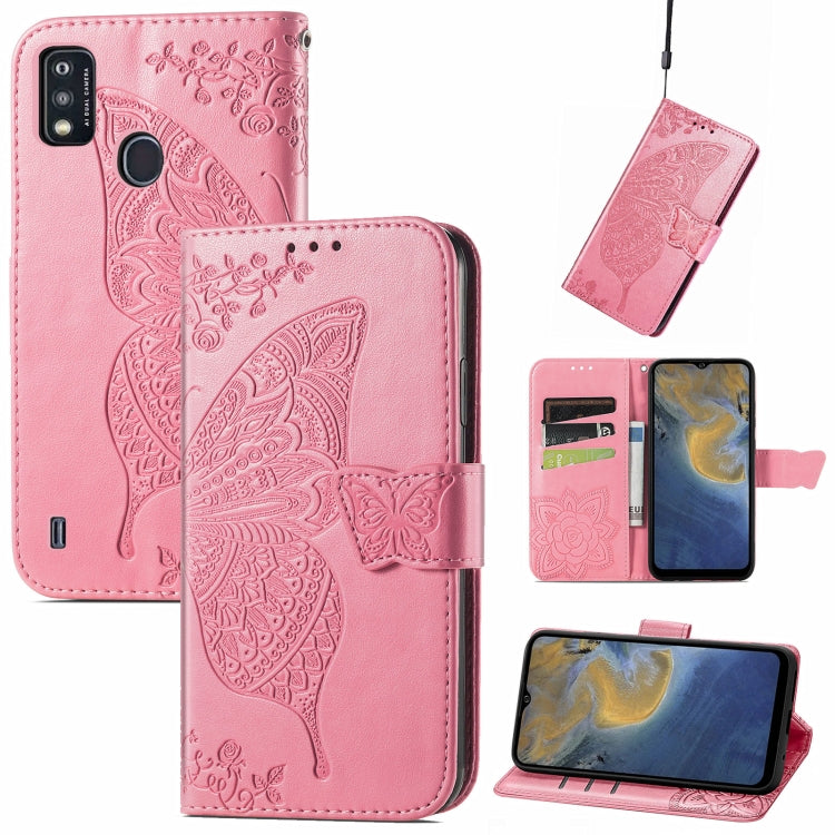 Butterfly Love Flowers Embossed Horizontal Flip Leather Case with Holder & Card Slots & Wallet & Lanyard For ZTE Blade A51(Pink) - ZTE Cases by buy2fix | Online Shopping UK | buy2fix