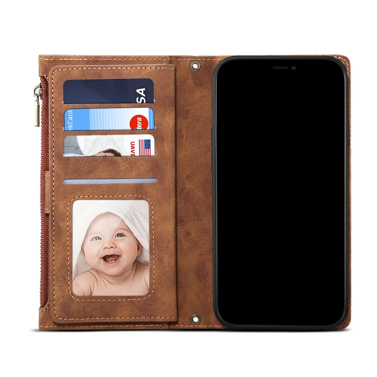 For iPhone 13 mini Retro Frosted Horizontal Flip Leather Case with Holder & Card Slot & Wallet & Zipper Pocket & Lanyard (Brown) - iPhone 13 mini Cases by buy2fix | Online Shopping UK | buy2fix