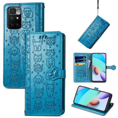 For Xiaomi Redmi 10 Lovely Cat and Dog Embossing Pattern Horizontal Flip Leather Case , with Holder & Card Slots & Wallet & Cartoon Clasp & Lanyard(Blue) - Xiaomi Cases by buy2fix | Online Shopping UK | buy2fix