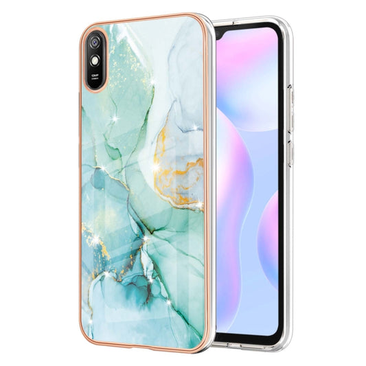 For Xiaomi Redmi 9A Electroplating Marble Pattern Dual-side IMD TPU Shockproof Case(Green 003) - Xiaomi Cases by buy2fix | Online Shopping UK | buy2fix