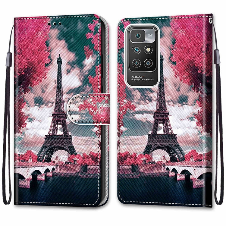 For Xiaomi Redmi 10 Coloured Drawing Cross Texture Horizontal Flip PU Leather Case with Holder & Card Slots & Wallet & Lanyard(Pink Flower Tower Bridge) - Xiaomi Cases by buy2fix | Online Shopping UK | buy2fix