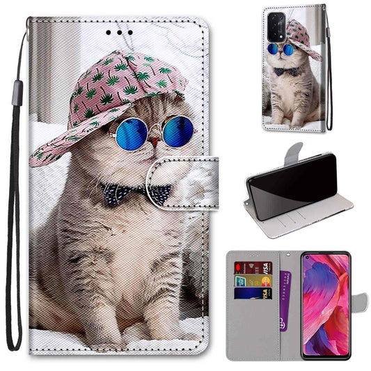 For OPPO A93 5G / A93s 5G / A54 5G / A74 5G Coloured Drawing Cross Texture Horizontal Flip PU Leather Case with Holder & Card Slots & Wallet & Lanyard(Slant Hat Blue Mirror Cat) - OPPO Cases by buy2fix | Online Shopping UK | buy2fix