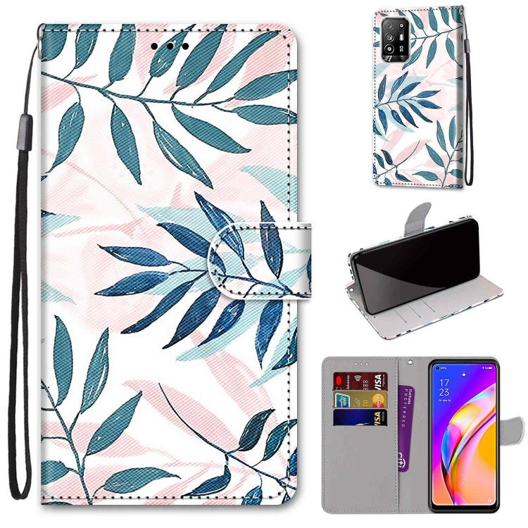 For OPPO A94 5G / A95 5G / F19 Pro+ 5G Coloured Drawing Cross Texture Horizontal Flip PU Leather Case with Holder & Card Slots & Wallet & Lanyard(Pink Green Leaf) - OPPO Cases by buy2fix | Online Shopping UK | buy2fix