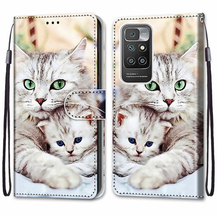 For Xiaomi Redmi 10 Coloured Drawing Cross Texture Horizontal Flip PU Leather Case with Holder & Card Slots & Wallet & Lanyard(Big Cat Holding Kitten) - Xiaomi Cases by buy2fix | Online Shopping UK | buy2fix