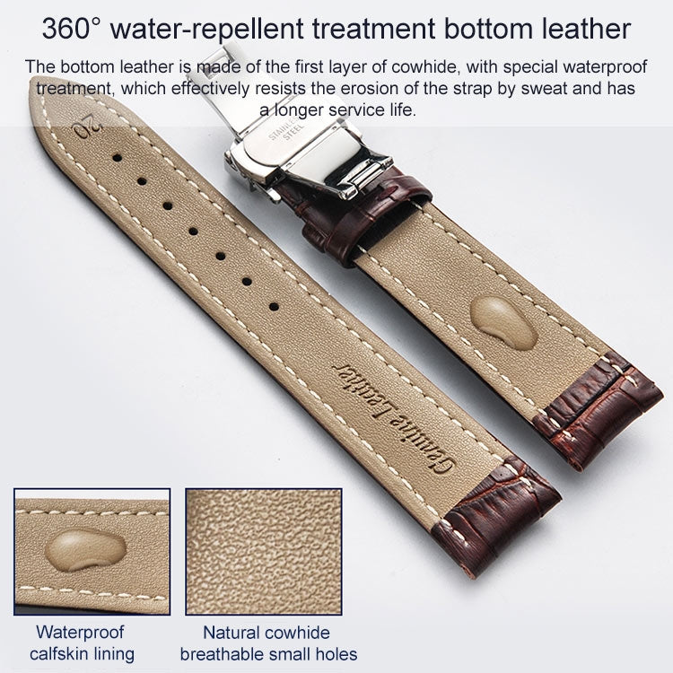 22mm Classic Cowhide Leather Black Butterfly Buckle Watch Band(Black) - 22mm Bands by buy2fix | Online Shopping UK | buy2fix