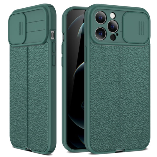 For iPhone 13 Pro Litchi Texture Sliding Camshield TPU Protective Case (Dark Green) - iPhone 13 Pro Cases by buy2fix | Online Shopping UK | buy2fix