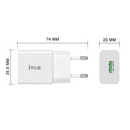 IVON AD-35 2 in 1 18W QC3.0 USB Port Travel Charger + 1m USB to USB-C / Type-C Data Cable Set, EU Plug(White) - USB Charger by IVON | Online Shopping UK | buy2fix