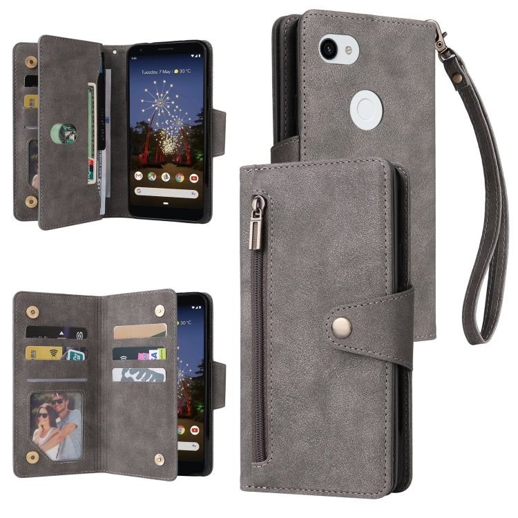 For Google Pixel 3A XL Rivet Buckle 9 Cards Three Fold Leather Phone Case(Grey) - Google Cases by buy2fix | Online Shopping UK | buy2fix