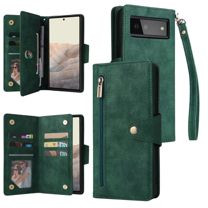 For Google Pixel 6 Rivet Buckle 9 Cards Three Fold Leather Phone Case(Green) - Google Cases by buy2fix | Online Shopping UK | buy2fix