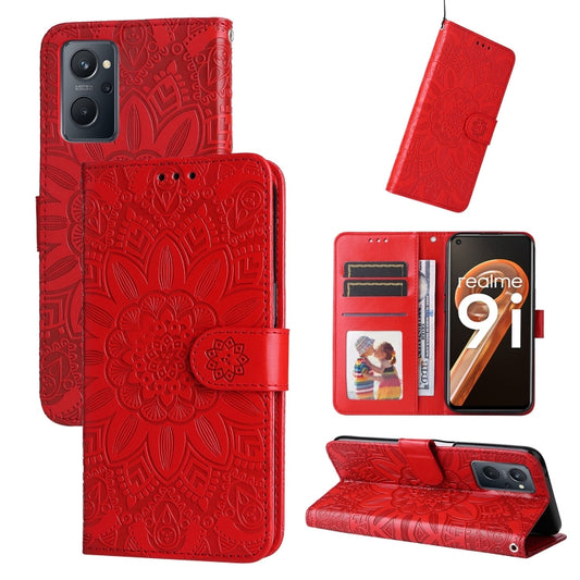 For OPPO Realme 9i / A36 4G / A76 4G Embossed Sunflower Leather Phone Case(Red) - Realme Cases by buy2fix | Online Shopping UK | buy2fix