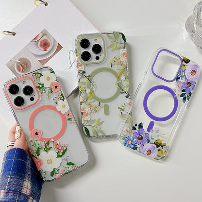 For iPhone 14 Plus Flowers Dual-side Laminating Magsafe Phone Case(Purple) - iPhone 14 Plus Cases by buy2fix | Online Shopping UK | buy2fix