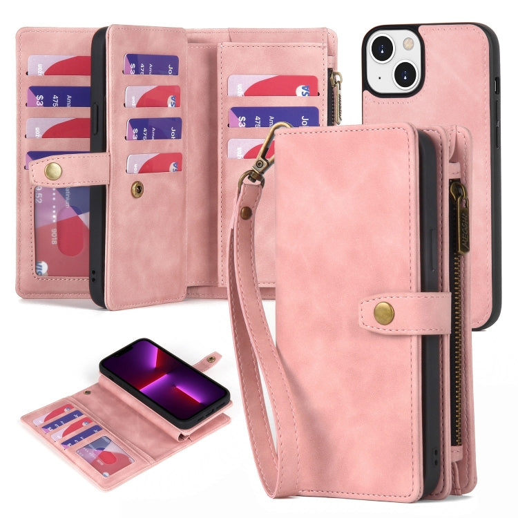 For iPhone 13 Zipper Wallet Detachable MagSafe Leather Phone Case(Pink) - iPhone 11 Cases by buy2fix | Online Shopping UK | buy2fix