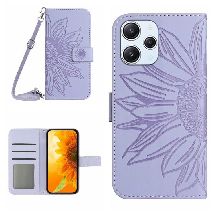 For Xiaomi Redmi 12 5G Skin Feel Sun Flower Embossed Flip Leather Phone Case with Lanyard(Purple) - Xiaomi Cases by buy2fix | Online Shopping UK | buy2fix