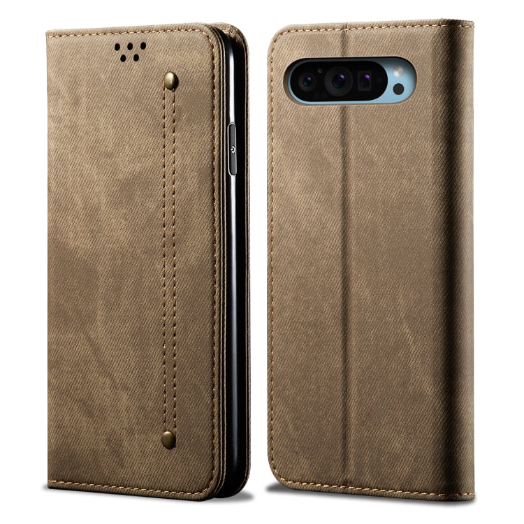 For Google Pixel 9 / 9 Pro Denim Texture Casual Style Horizontal Flip Leather Case(Khaki) - Google Cases by buy2fix | Online Shopping UK | buy2fix