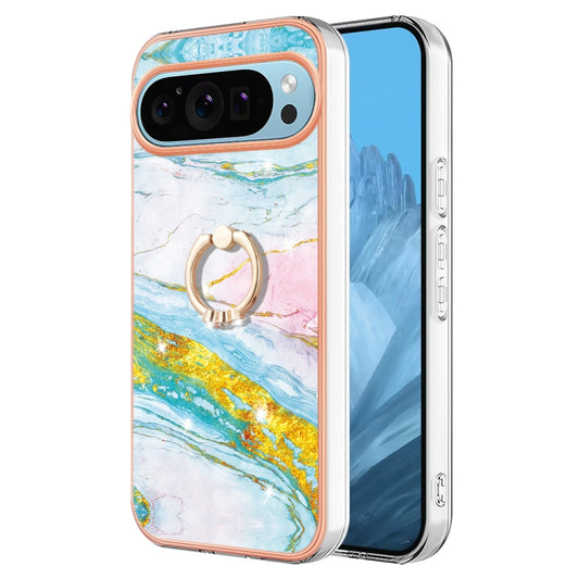 For Google Pixel 9 / 9 Pro Electroplating Marble IMD TPU Phone Case with Ring Holder(Green 004) - Google Cases by buy2fix | Online Shopping UK | buy2fix