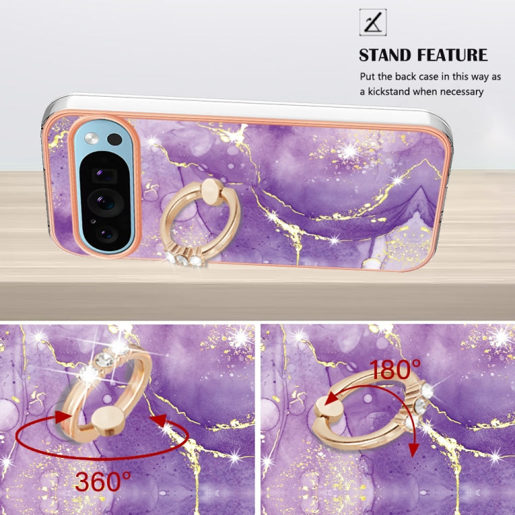 For Google Pixel 9 Pro XL Electroplating Marble IMD TPU Phone Case with Ring Holder(Purple 002) - Google Cases by buy2fix | Online Shopping UK | buy2fix