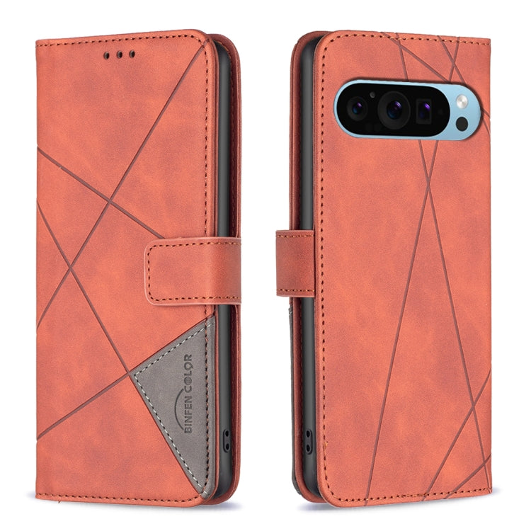 For Google Pixel 9 Pro Magnetic Buckle Rhombus Texture Leather Phone Case(Brown) - Google Cases by buy2fix | Online Shopping UK | buy2fix