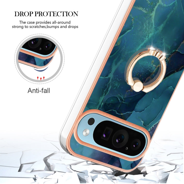 For Google Pixel 9 Pro XL Electroplating Marble Dual-side IMD Phone Case with Ring(Green 017) - Google Cases by buy2fix | Online Shopping UK | buy2fix