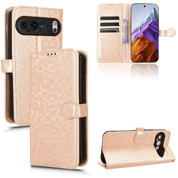 For Google Pixel 9 Pro Honeycomb Dot Texture Leather Phone Case(Gold) - Google Cases by buy2fix | Online Shopping UK | buy2fix