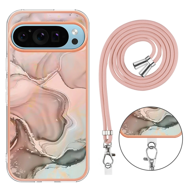 For Google Pixel 9 Pro XL Electroplating Marble Dual-side IMD Phone Case with Lanyard(Rose Gold 015) - Google Cases by buy2fix | Online Shopping UK | buy2fix