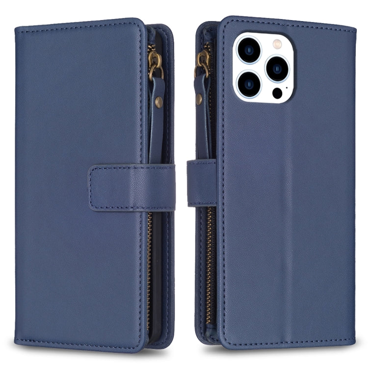 For iPhone 16 Pro 9 Card Slots Zipper Wallet Leather Flip Phone Case(Blue) - iPhone 16 Pro Cases by buy2fix | Online Shopping UK | buy2fix