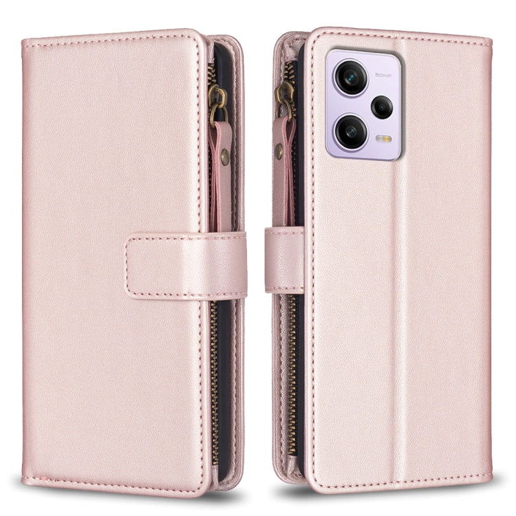 For Xiaomi Redmi Note 12 Pro 9 Card Slots Zipper Wallet Leather Flip Phone Case(Rose Gold) - Xiaomi Cases by buy2fix | Online Shopping UK | buy2fix