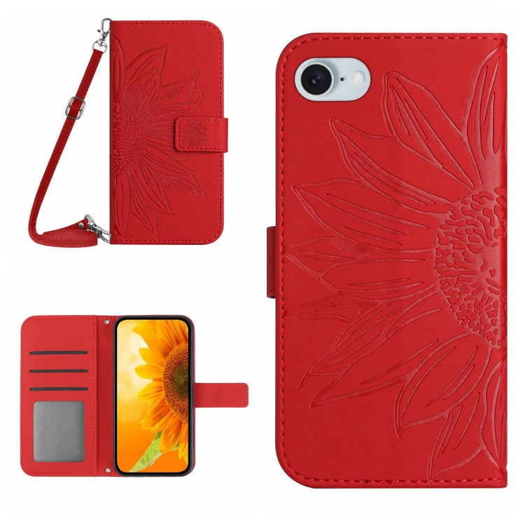 For iPhone SE 2024 Skin Feel Sun Flower Embossed Flip Leather Phone Case with Lanyard(Red) - More iPhone Cases by buy2fix | Online Shopping UK | buy2fix