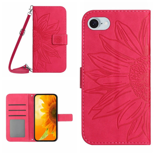 For iPhone SE 2024 Skin Feel Sun Flower Embossed Flip Leather Phone Case with Lanyard(Rose Red) - More iPhone Cases by buy2fix | Online Shopping UK | buy2fix