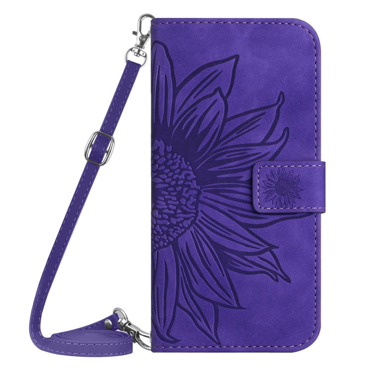 For iPhone SE 2024 Skin Feel Sun Flower Embossed Flip Leather Phone Case with Lanyard(Dark Purple) - More iPhone Cases by buy2fix | Online Shopping UK | buy2fix